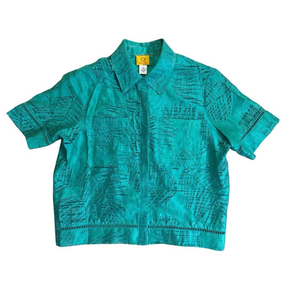 Ruby Rd. Size 10 Teal Crinkle Short Sleeve Button Up Blouse